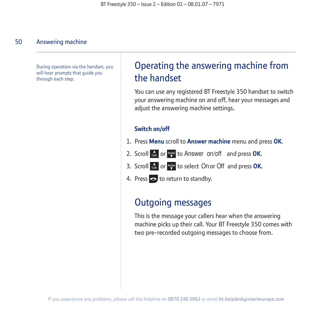 BT 350 manual Operating the answering machine from the handset, Outgoing messages 