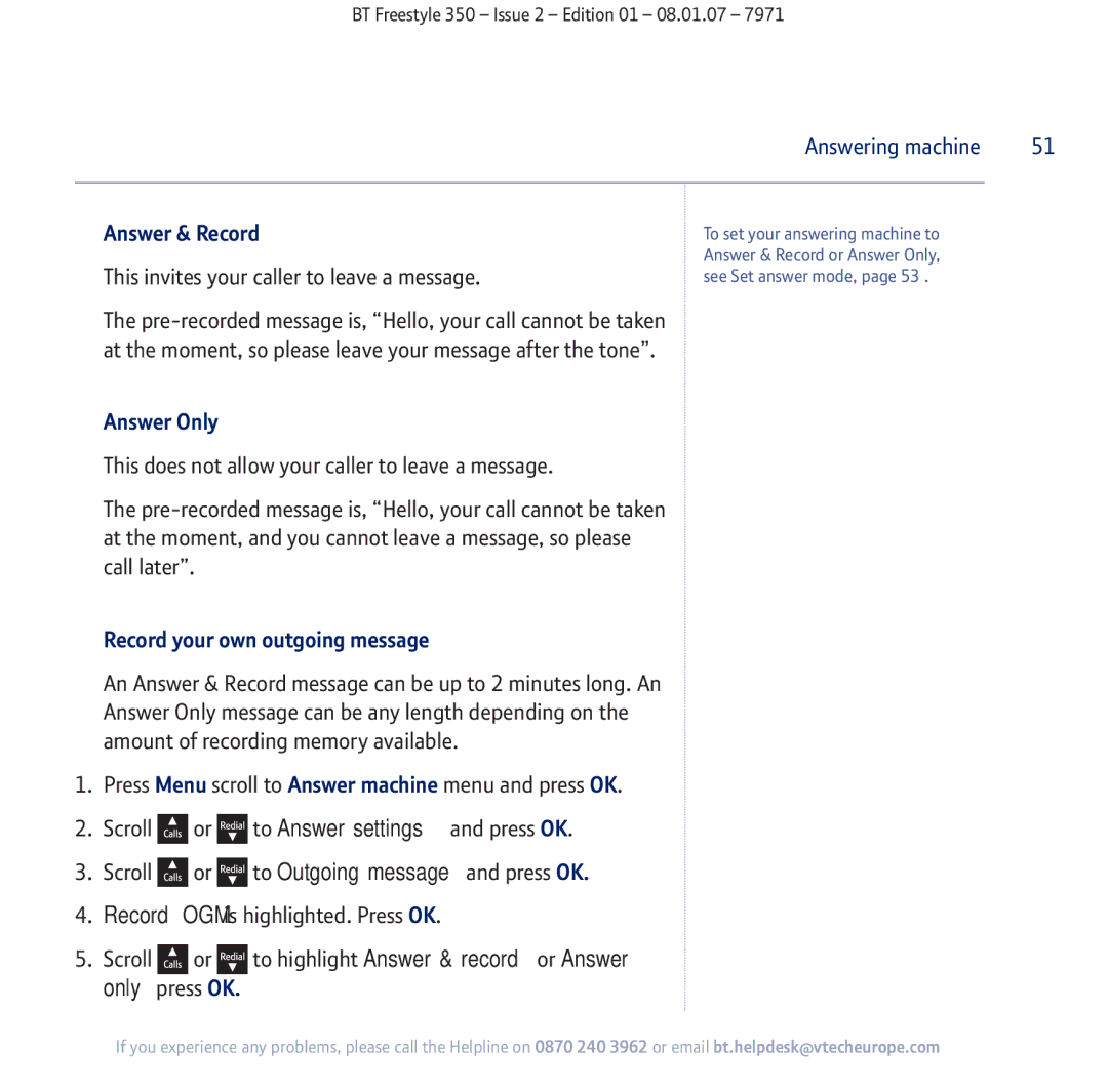 BT 350 manual Answer & Record, Answer Only, Record your own outgoing message 