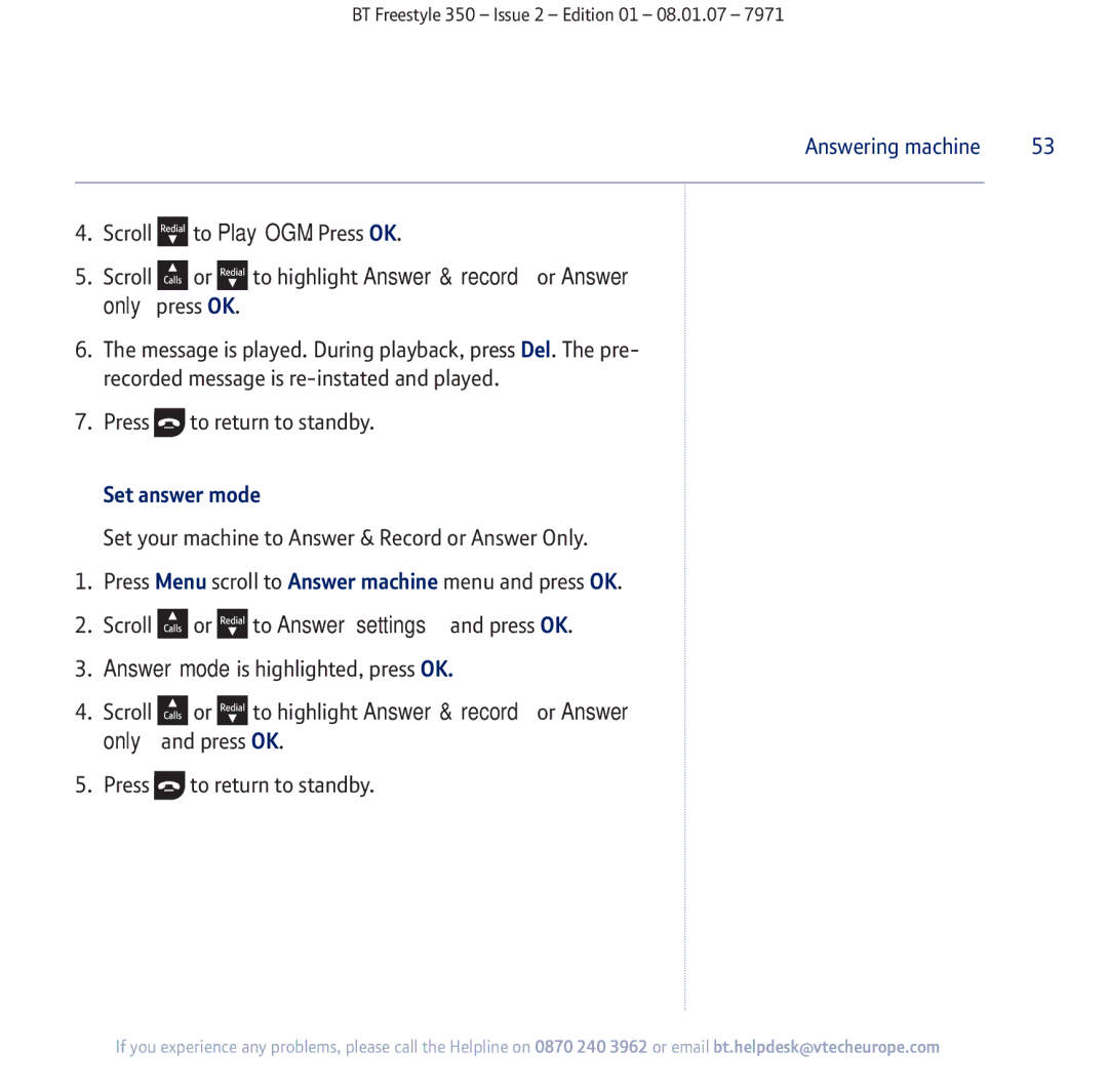 BT 350 manual Set answer mode 