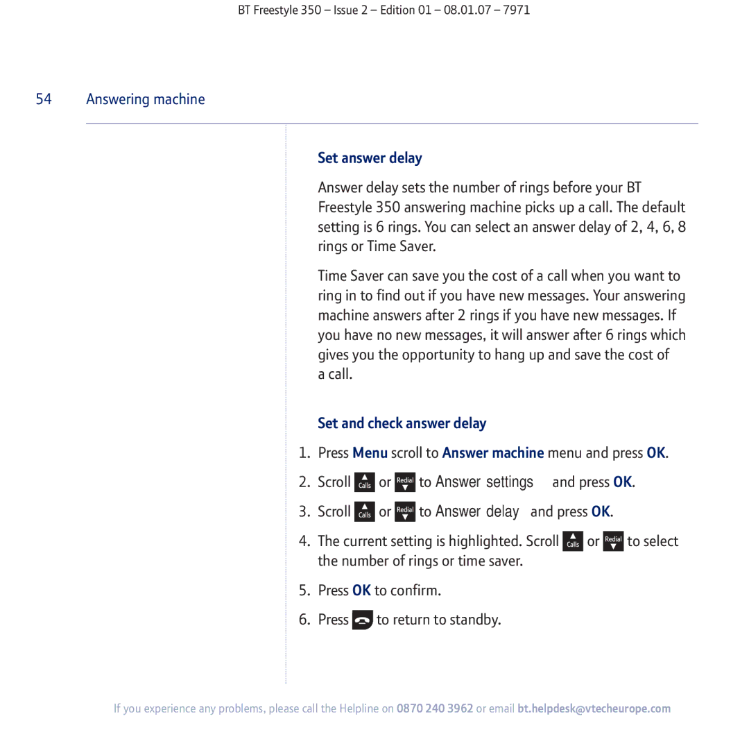 BT 350 manual Set answer delay, Set and check answer delay 