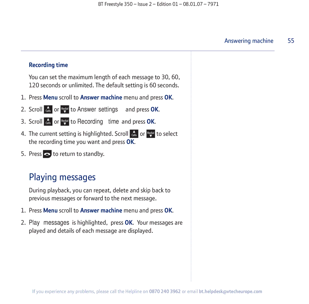 BT 350 manual Playing messages, Recording time 