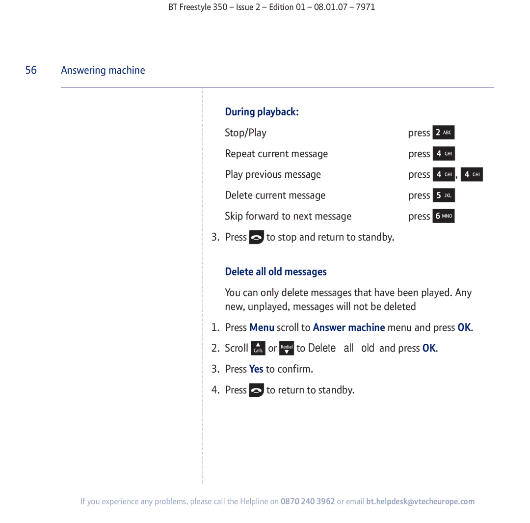 BT 350 manual During playback, Delete all old messages 