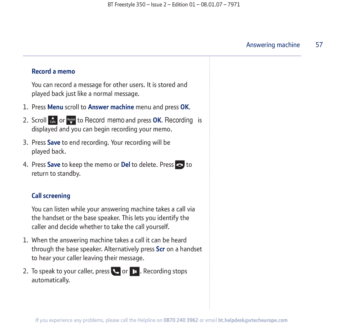 BT 350 manual Record a memo, Call screening 