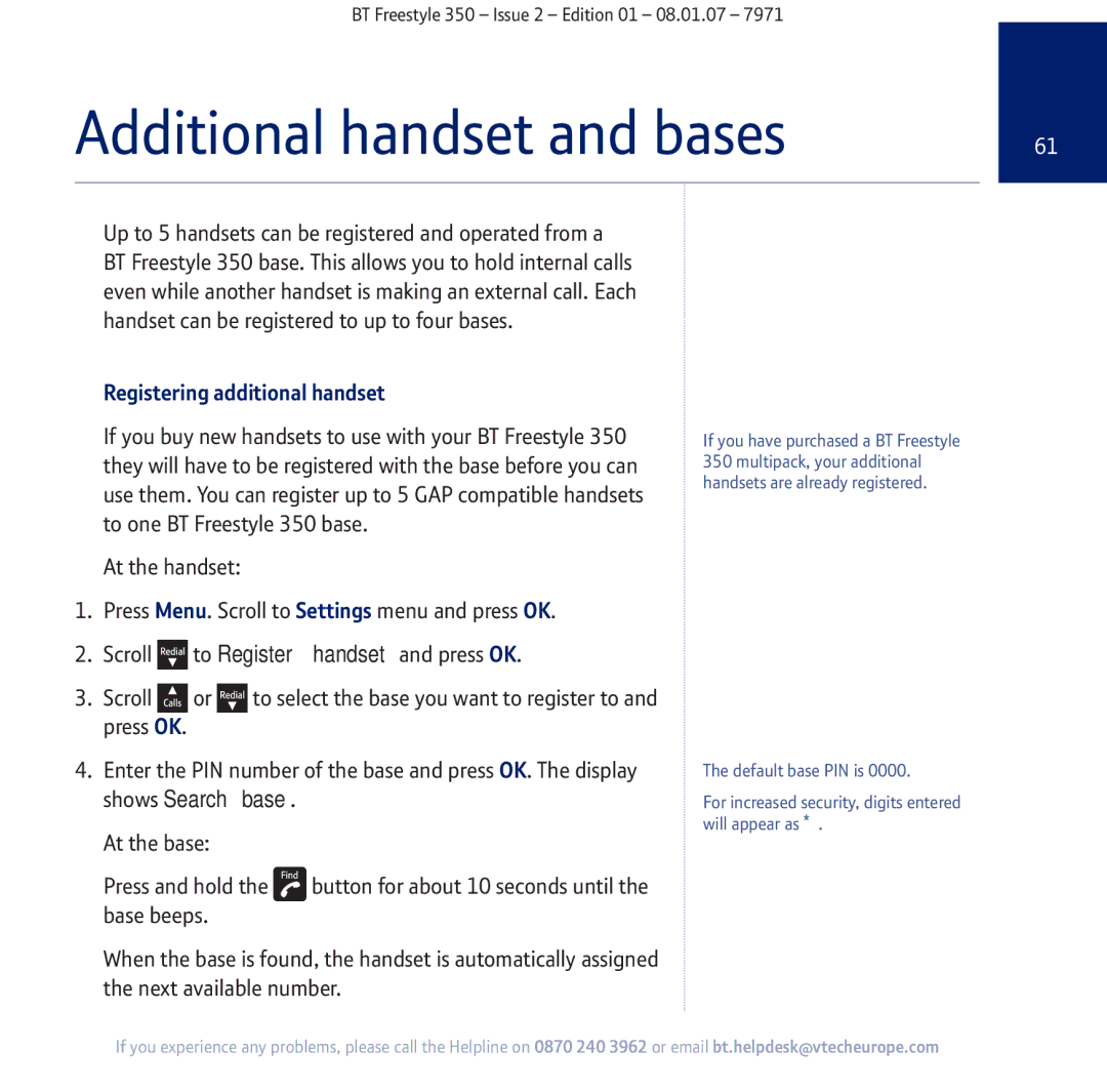 BT 350 manual Additional handset and bases, Registering additional handset 