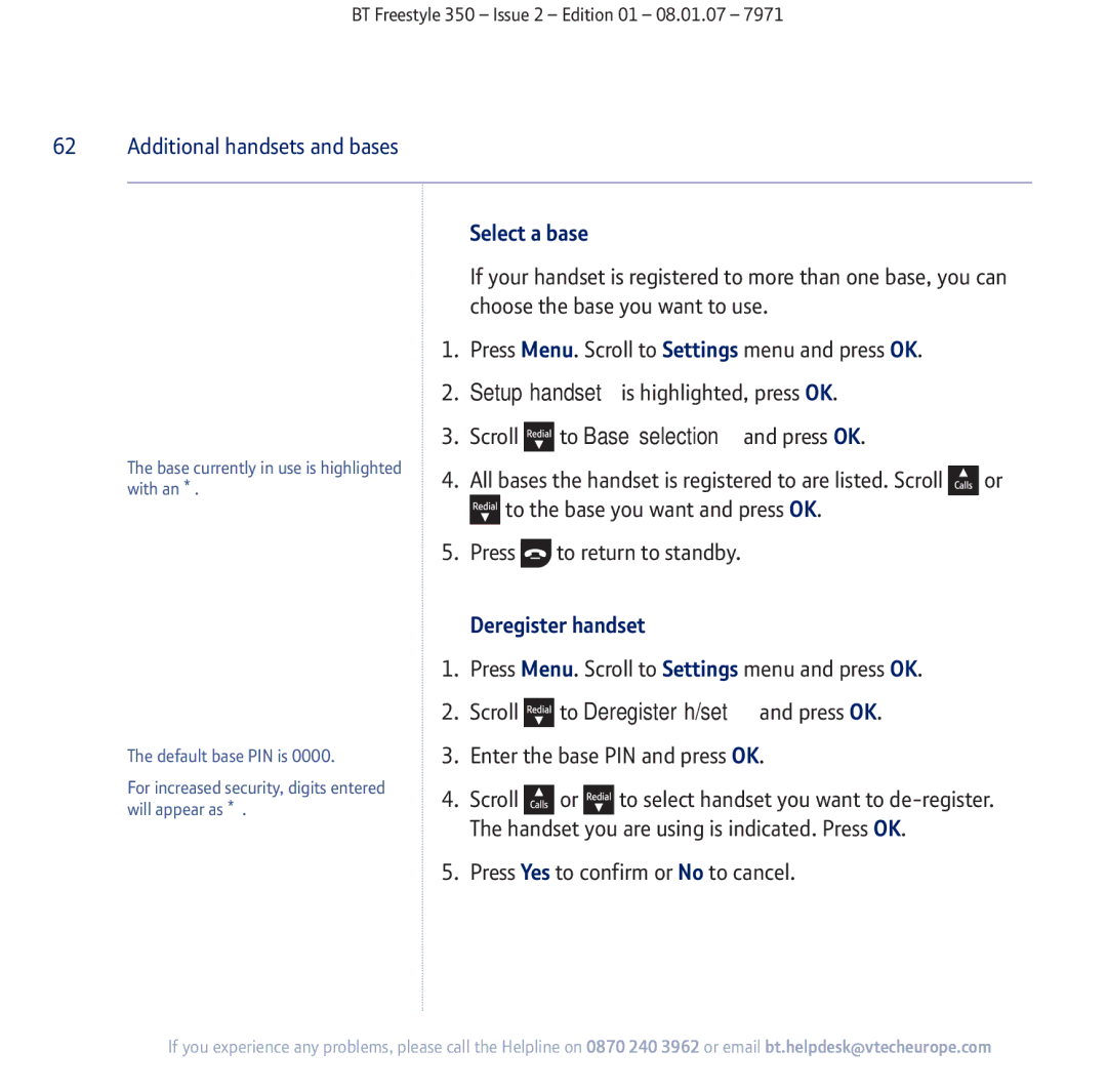 BT 350 manual Select a base, Deregister handset 