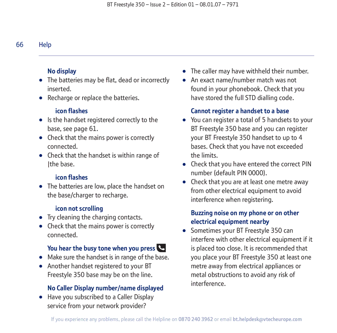 BT 350 manual No display, Icon flashes, Icon not scrolling, You hear the busy tone when you press 