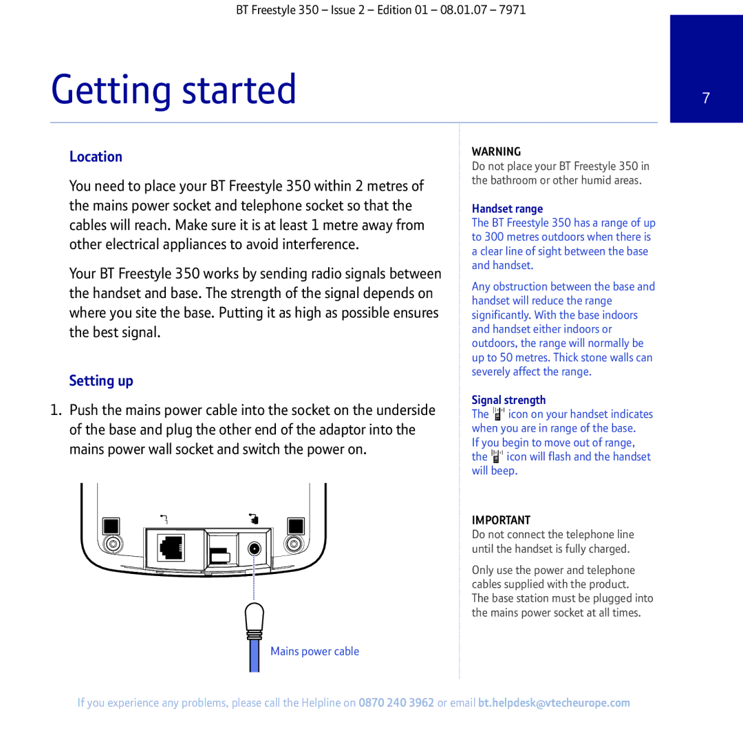 BT 350 manual Getting started, Location, Setting up, Handset range, Signal strength 