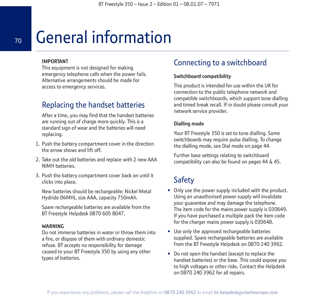 BT 350 manual General information, Replacing the handset batteries 