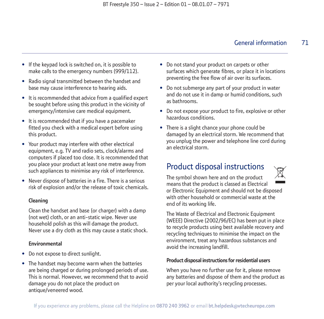 BT 350 manual Product disposal instructions 