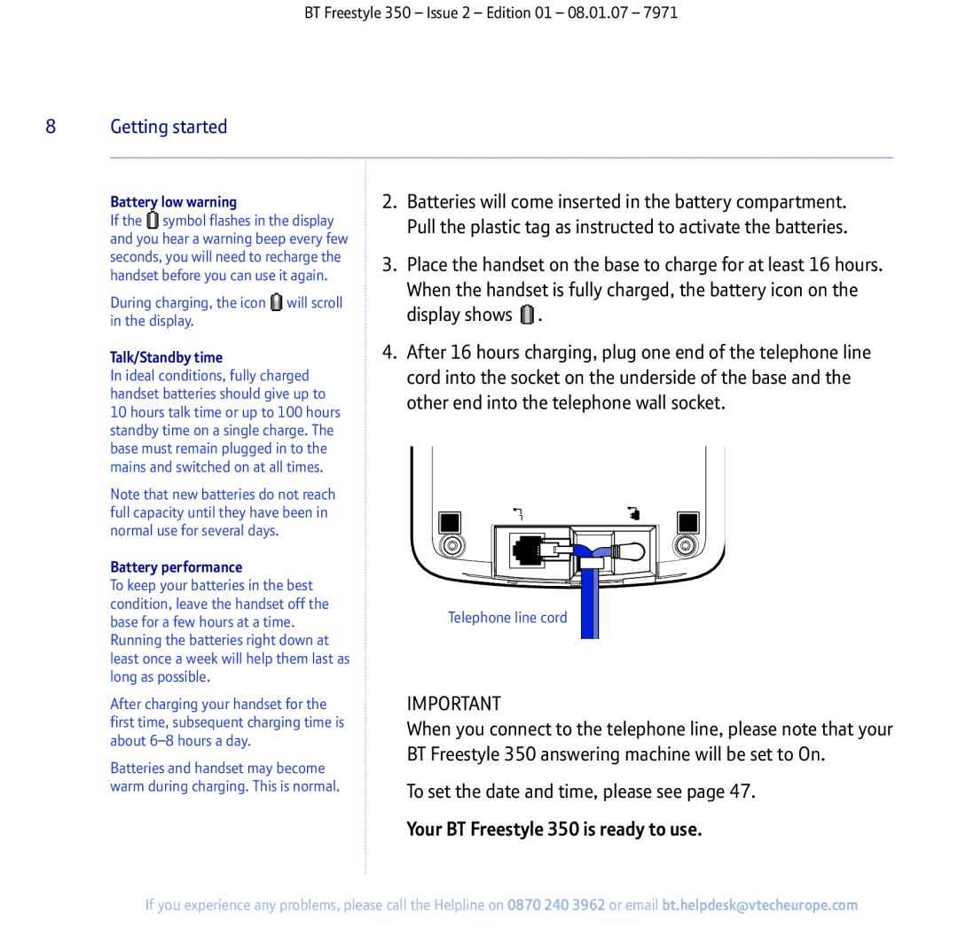 BT 350 manual Battery low warning, Talk/Standby time, Battery performance 