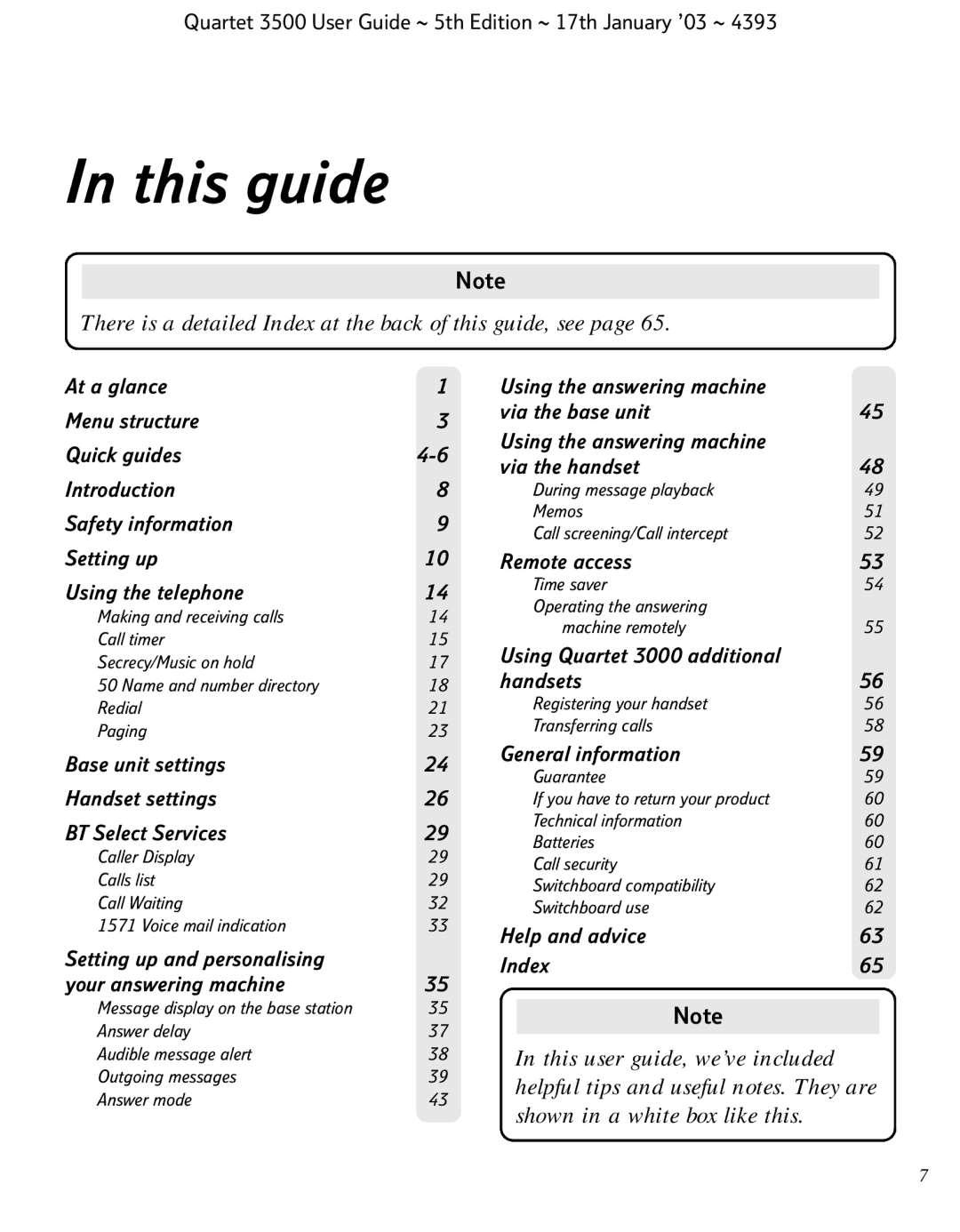 BT 3500 manual This guide, There is a detailed Index at the back of this guide, see 