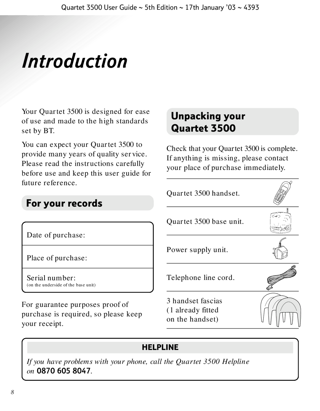 BT 3500 manual Introduction, For your records, Unpacking your Quartet 