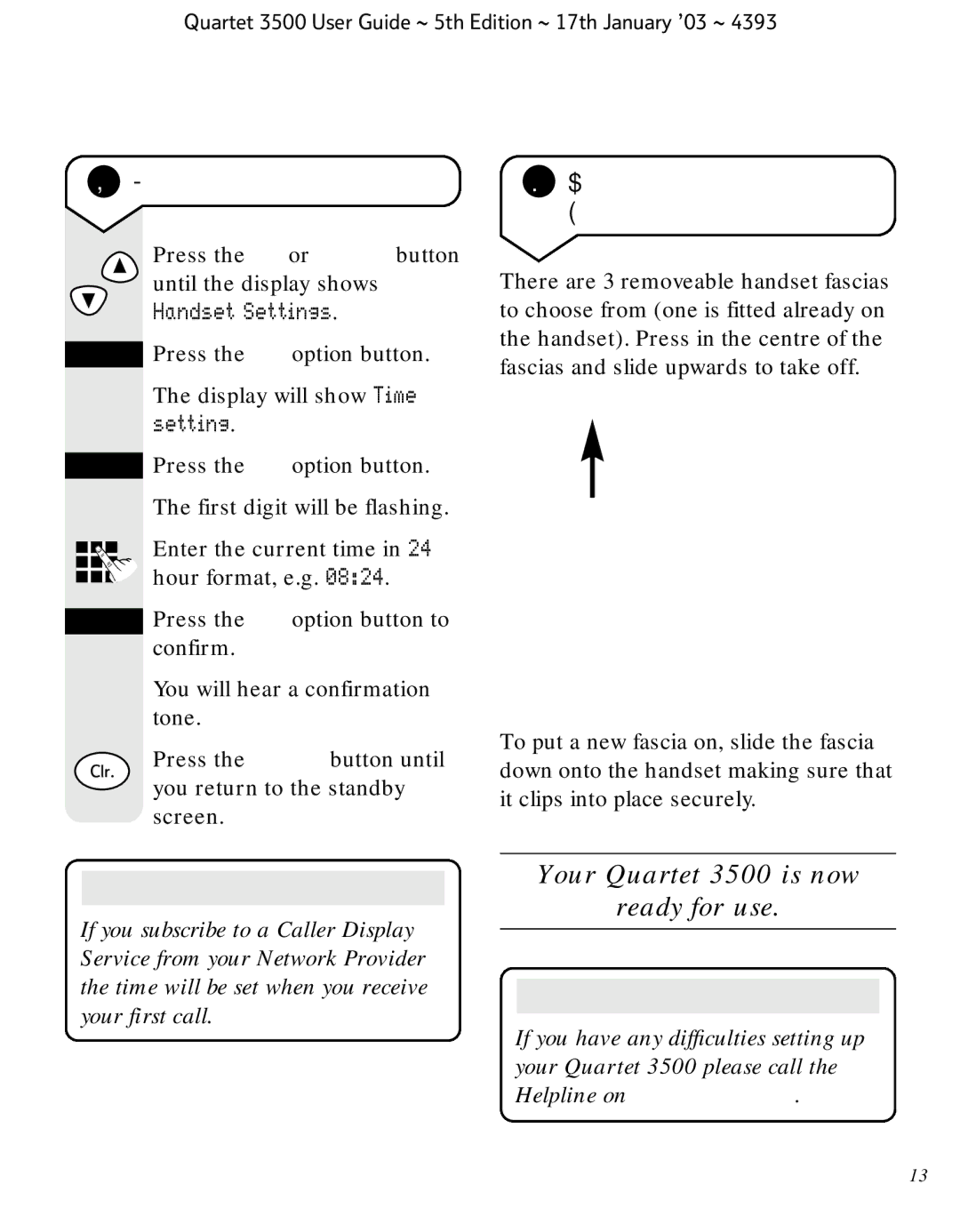 BT 3500 manual To set the time, Changing your handset fascias 