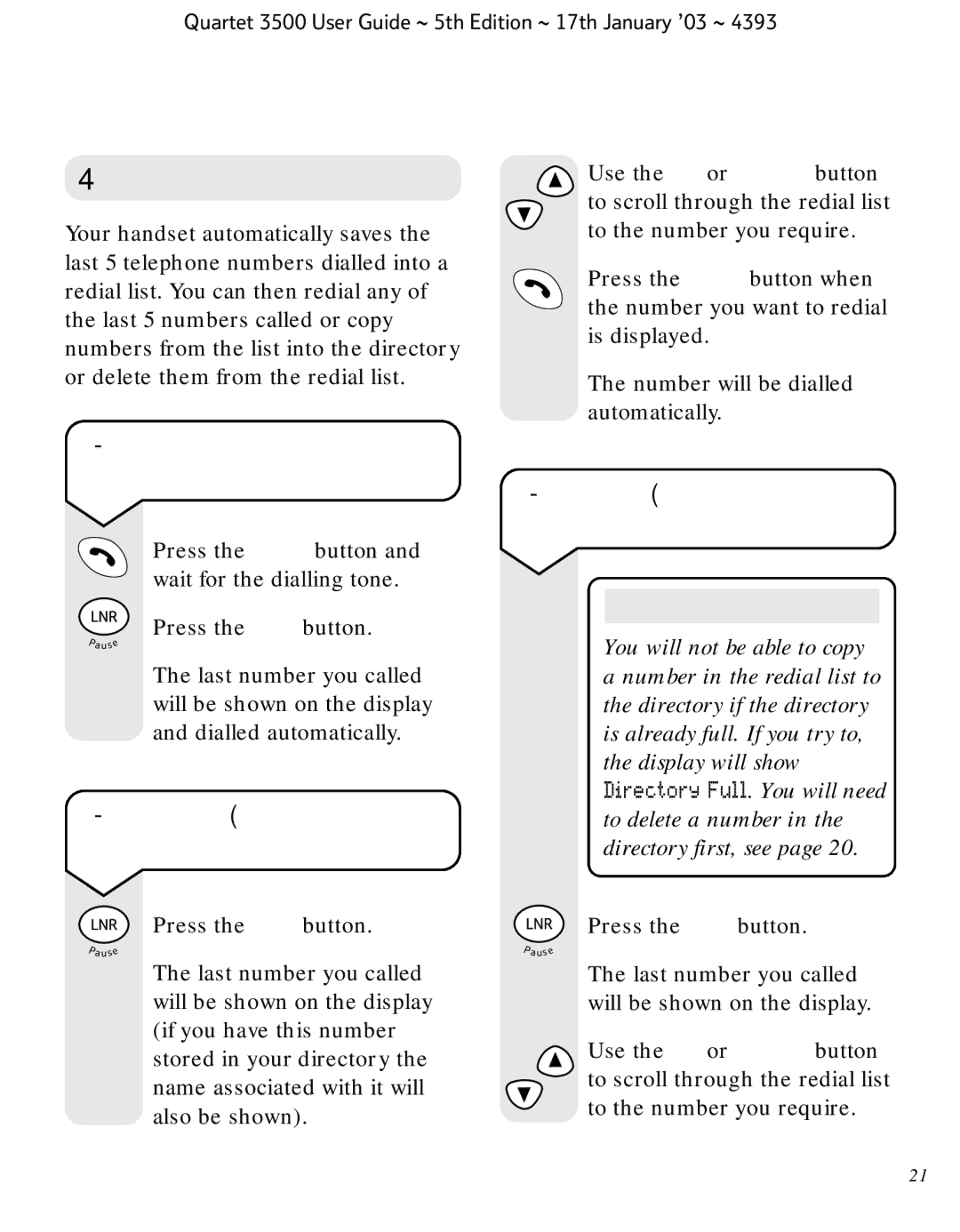 BT 3500 manual Redial, To automatically redial the last number called, To redial a number from the redial list 