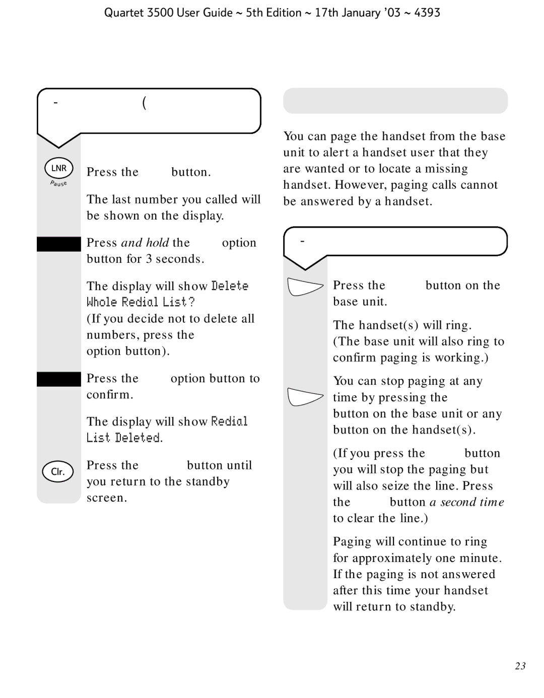 BT 3500 manual Paging, To delete all numbers from the redial list, To page the handset, Whole Redial List?, List Deleted 