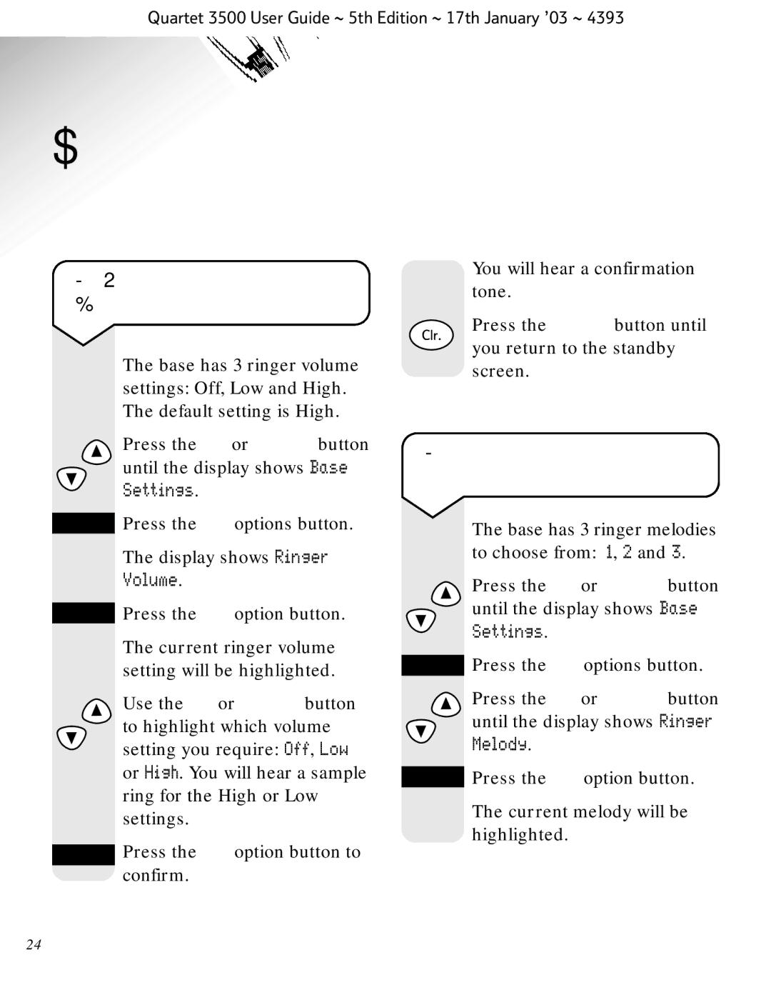 BT 3500 manual Base unit settings, To adjust the base ringer volume, To change the base ringer melody, Volume 