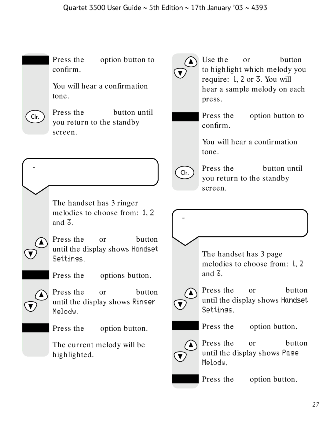 BT 3500 manual To change the handset ringer melody, To change the handset page melody 