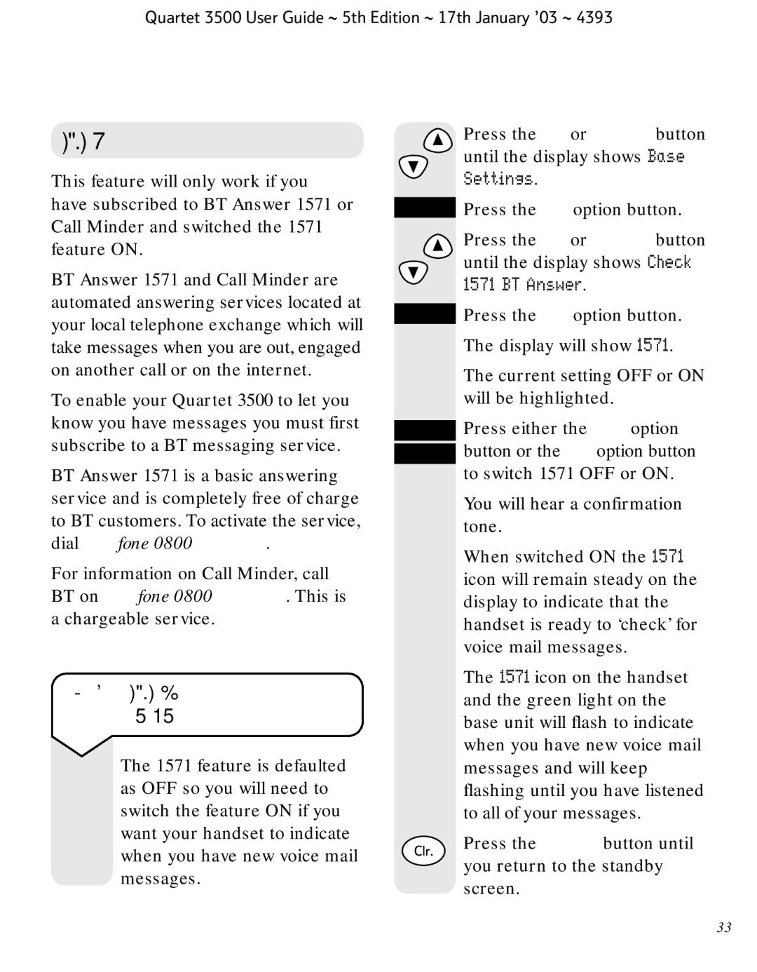 BT 3500 manual Voice mail indication, To switch 1571 voice mail indication ON/OFF, Settings, BT Answer 