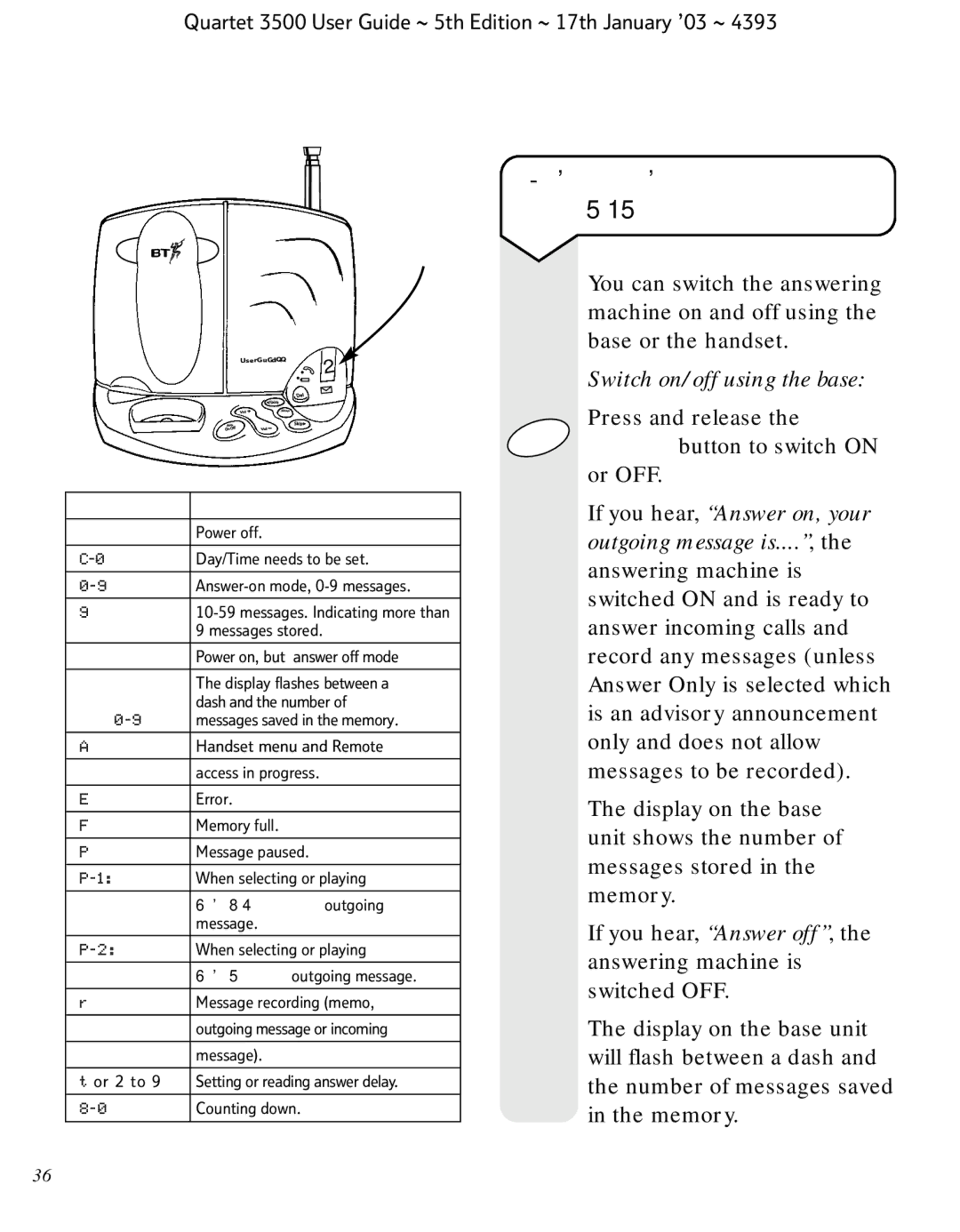 BT 3500 manual To switch the answering machine ON/OFF, Switch on/off using the base 