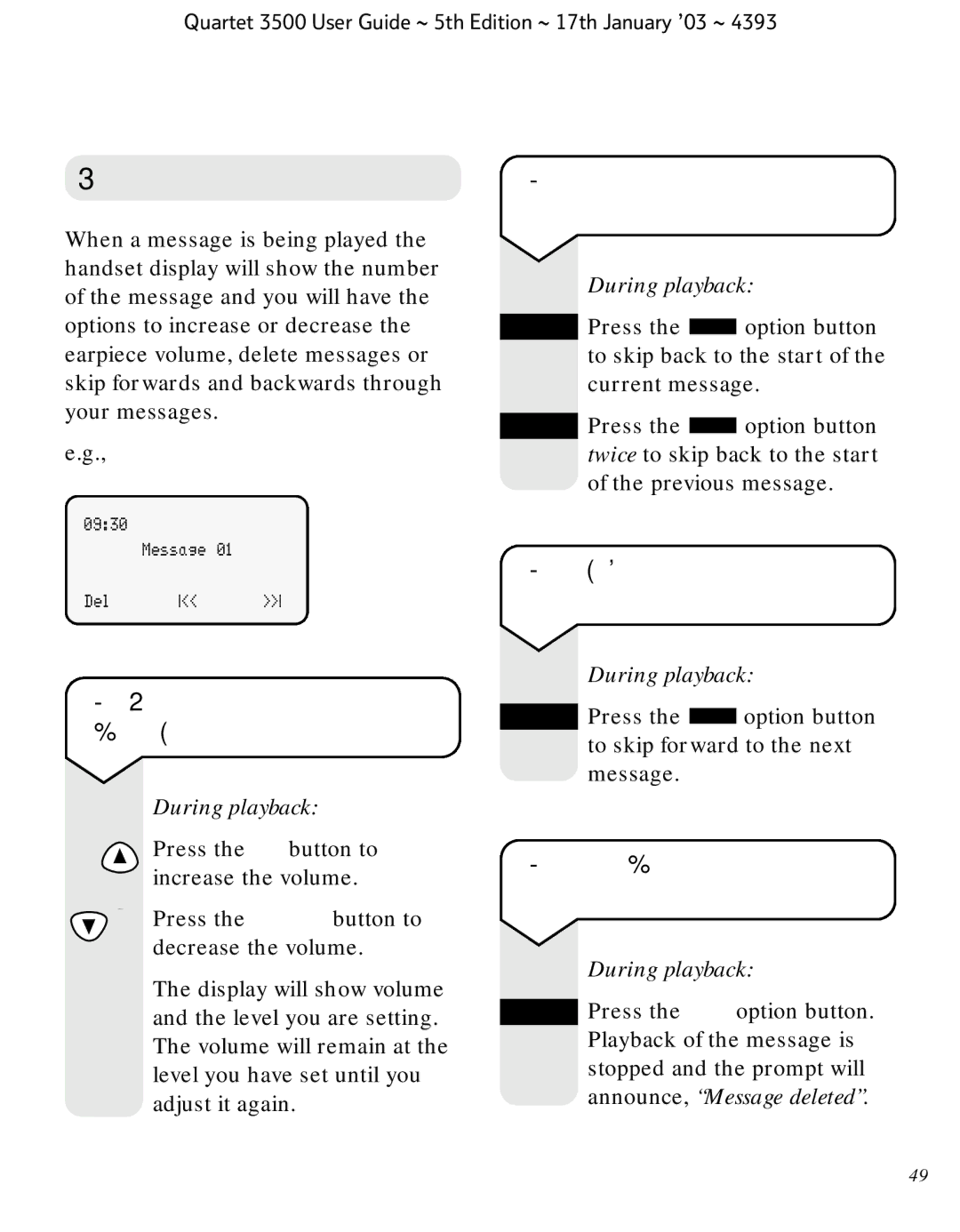 BT 3500 manual During message playback, To skip back during message playback, To skip forward during message playback 