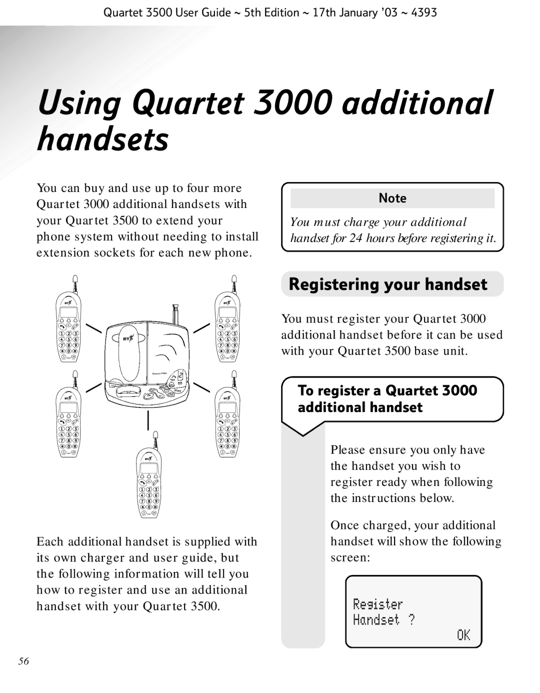 BT 3500 Using Quartet 3000 additional handsets, Registering your handset, To register a Quartet 3000 additional handset 