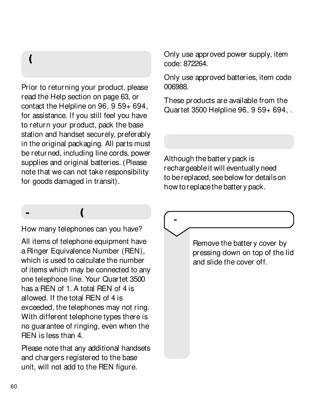 BT 3500 manual If you have to return your product, Batteries, Technical information, To replace the battery pack 