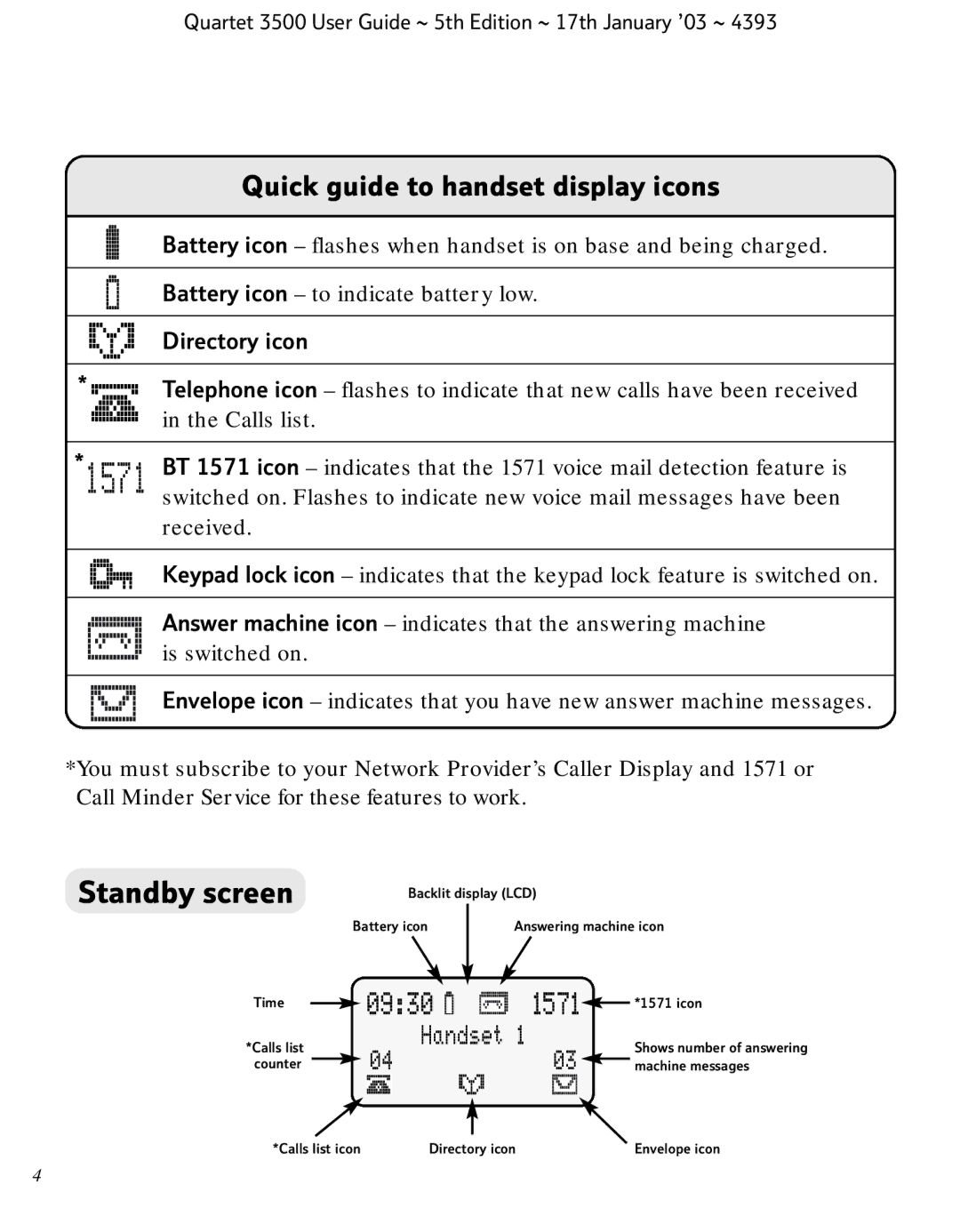 BT 3500 manual Standby screen, Quick guide to handset display icons 