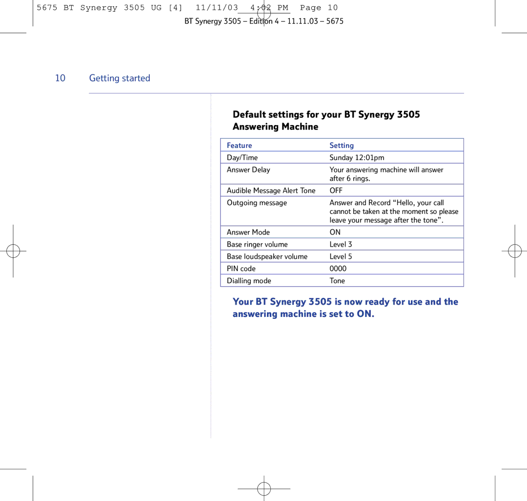 BT 3505 manual Default settings for your BT Synergy Answering Machine, Feature Setting 