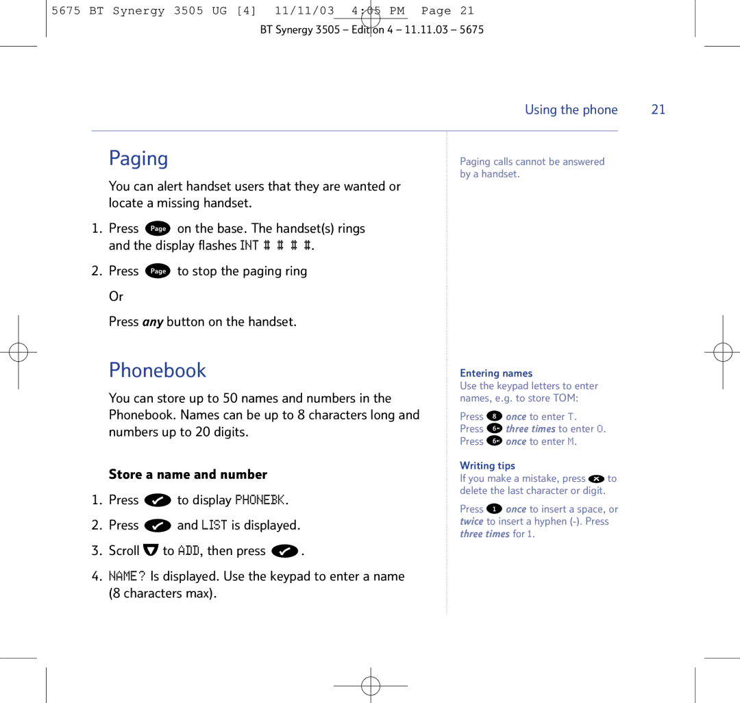 BT 3505 manual Paging, Phonebook 