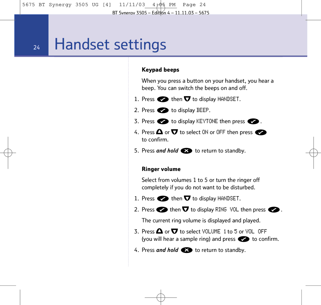 BT 3505 manual Handset settings, Keypad beeps 