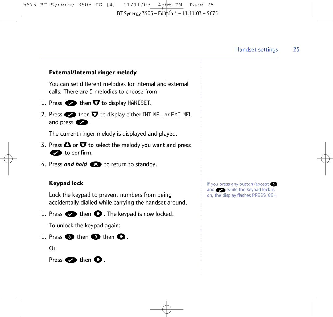 BT 3505 manual External/Internal ringer melody, Keypad lock, Lock the keypad to prevent numbers from being 