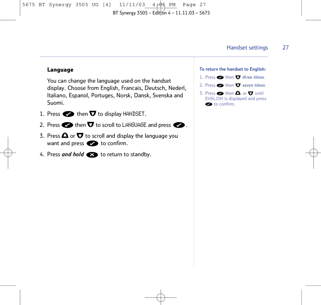 BT 3505 manual Language, You can change the language used on the handset, Suomi 