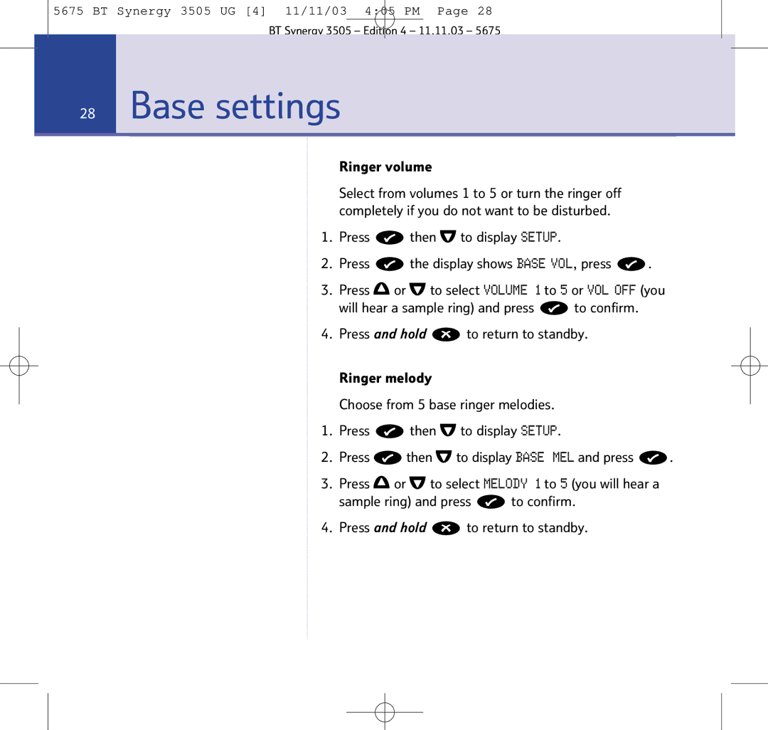 BT 3505 manual Base settings, Ringer volume 