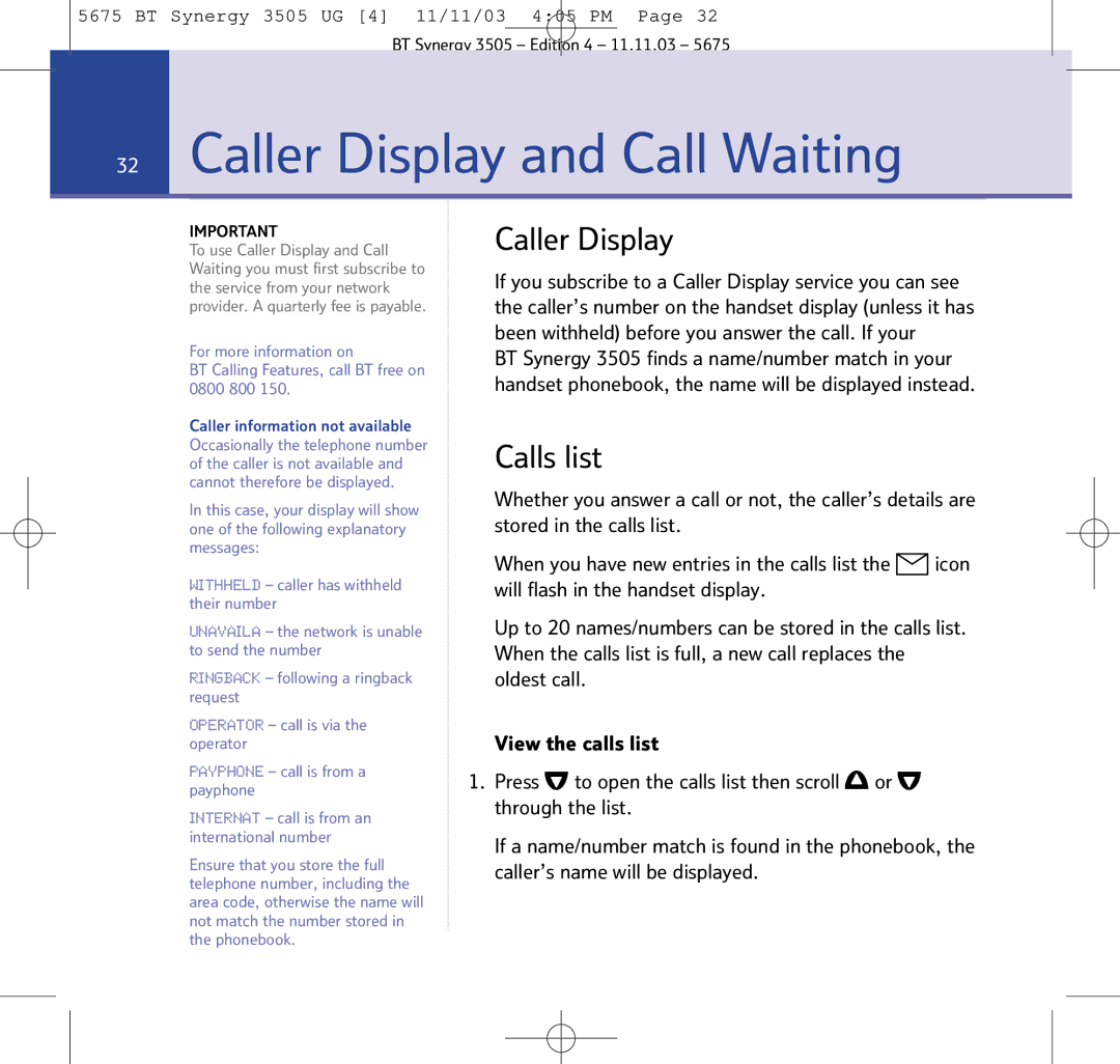 BT 3505 manual Caller Display and Call Waiting 