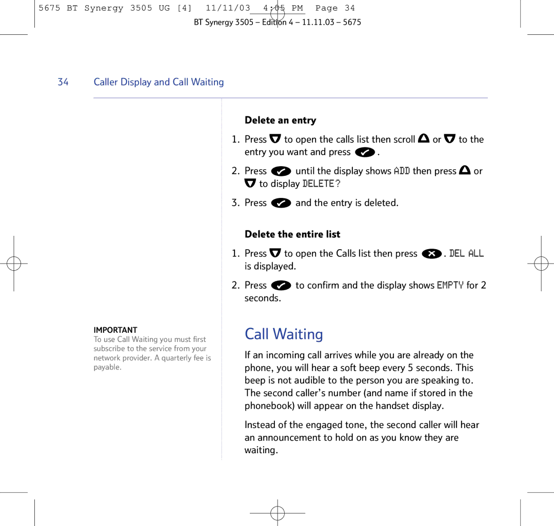 BT 3505 manual Caller Display and Call Waiting 