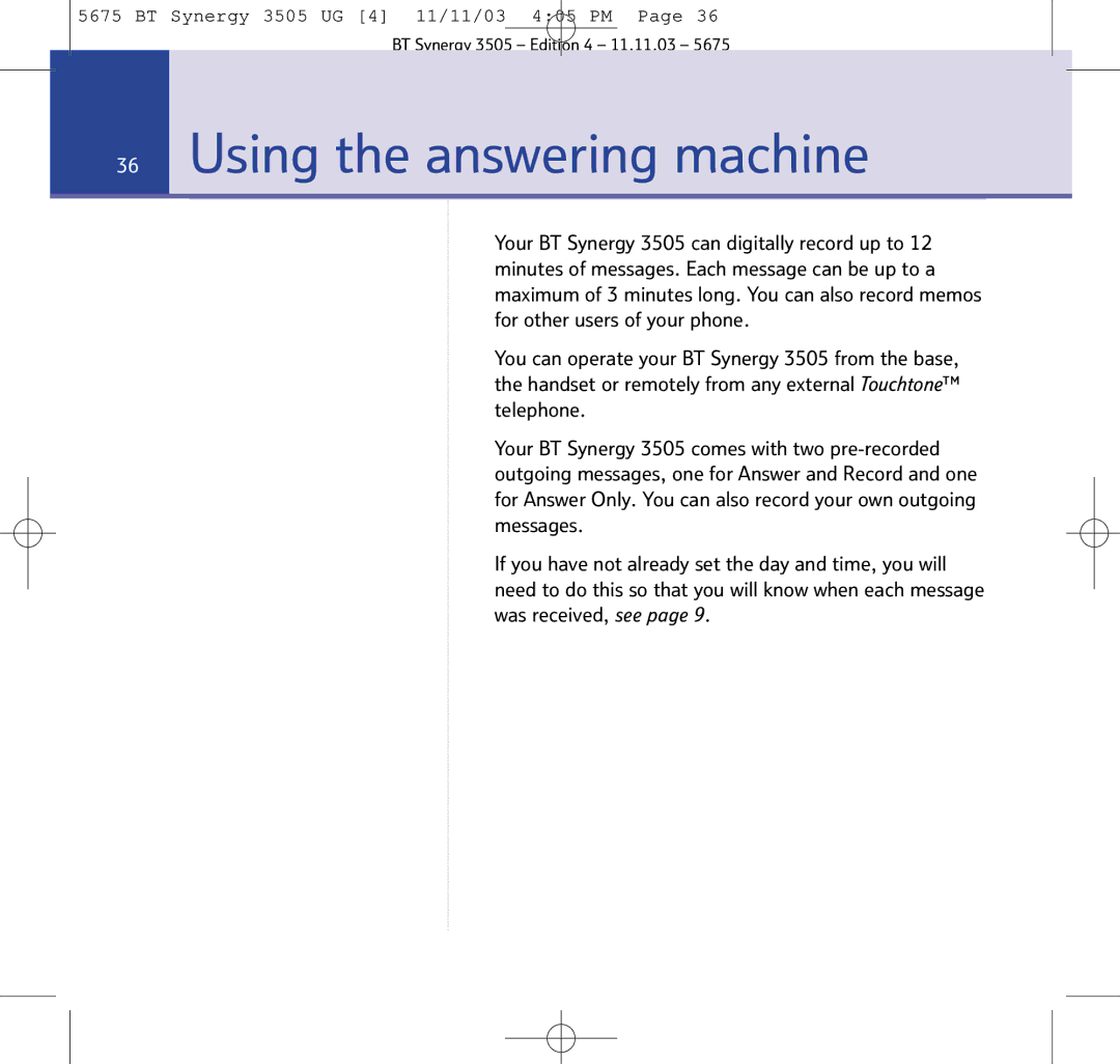 BT 3505 manual Using the answering machine 