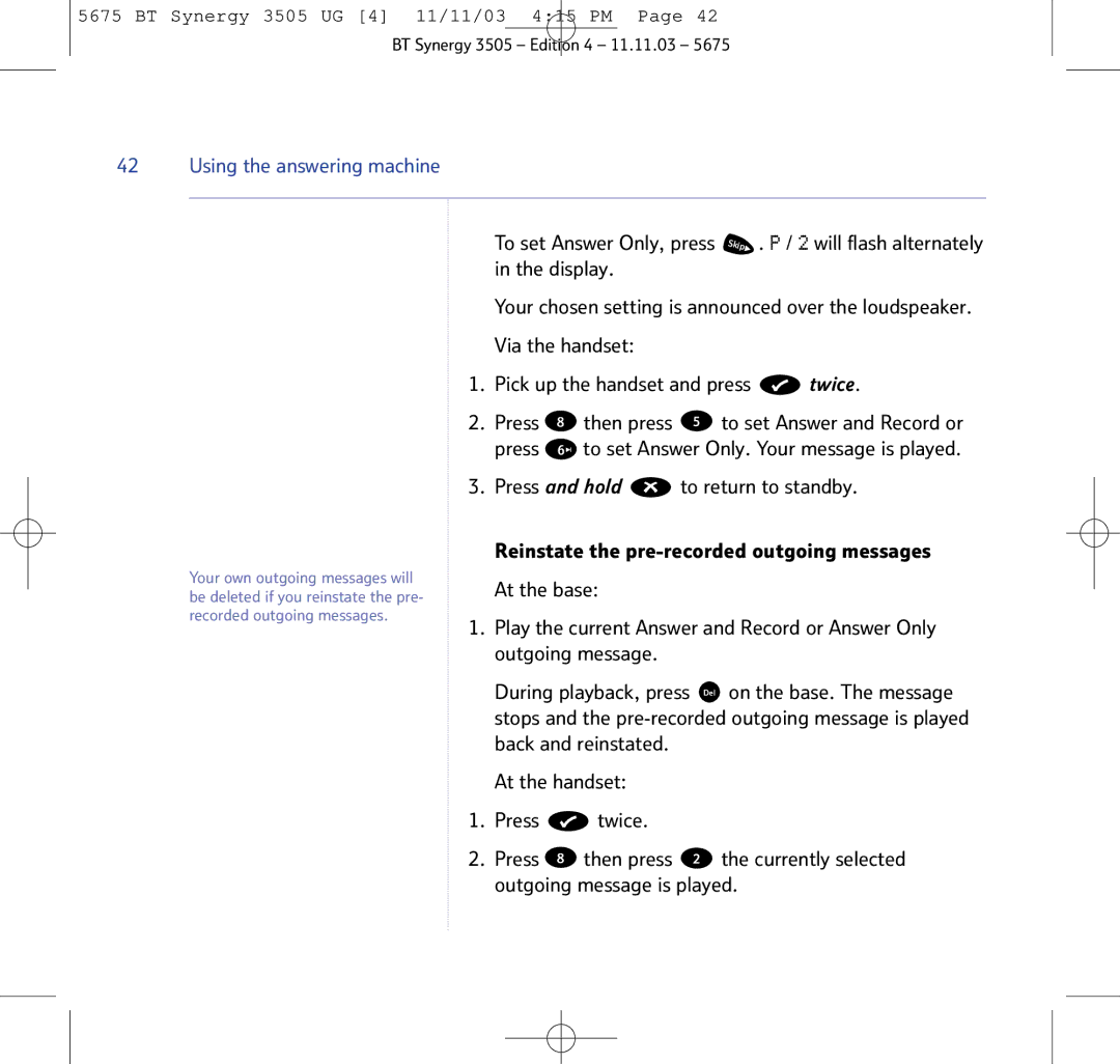 BT 3505 manual At the base, Outgoing message 