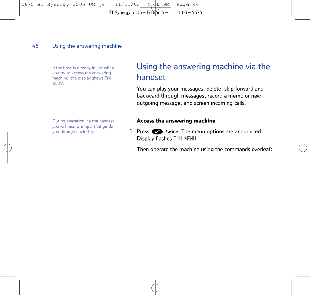 BT 3505 manual Handset, Outgoing message, and screen incoming calls 