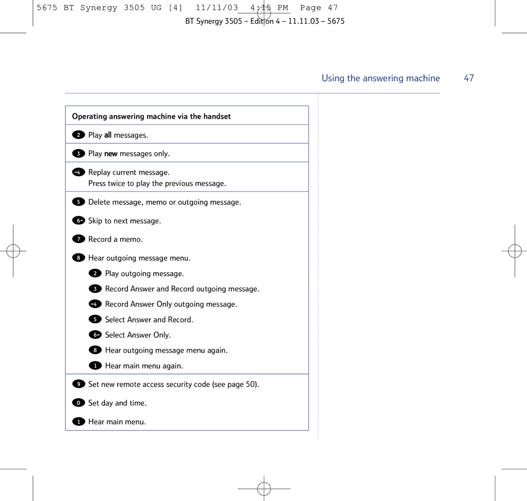 BT 3505 manual Select Answer Only 