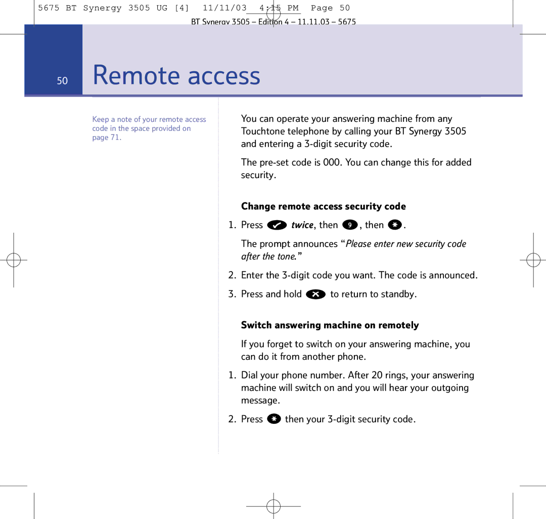 BT 3505 manual Remote access 