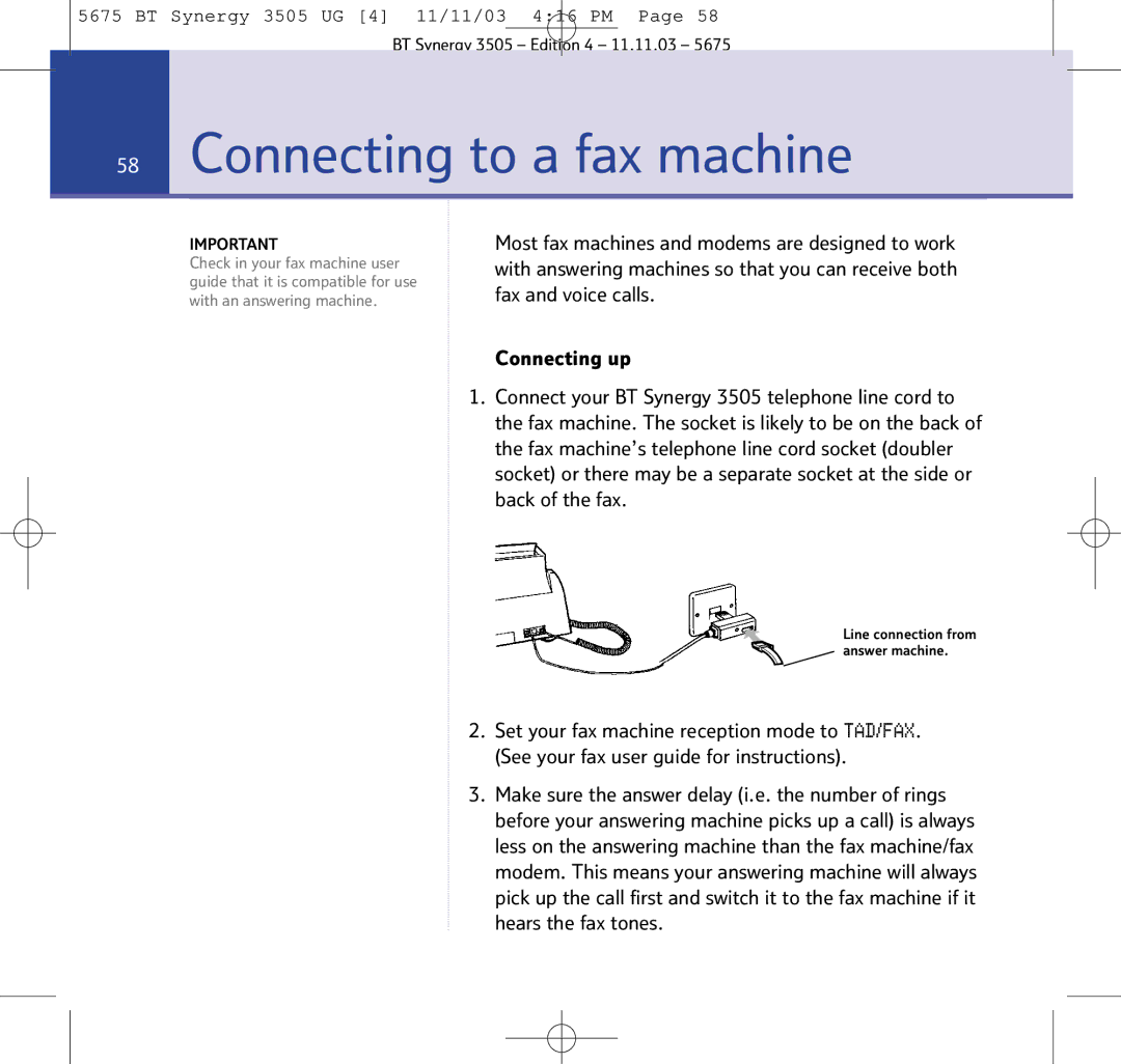 BT 3505 manual Connecting to a fax machine 