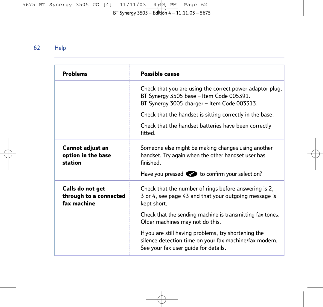 BT Problems Possible cause, BT Synergy 3505 base Item Code, BT Synergy 3005 charger Item Code, Fitted Cannot adjust an 