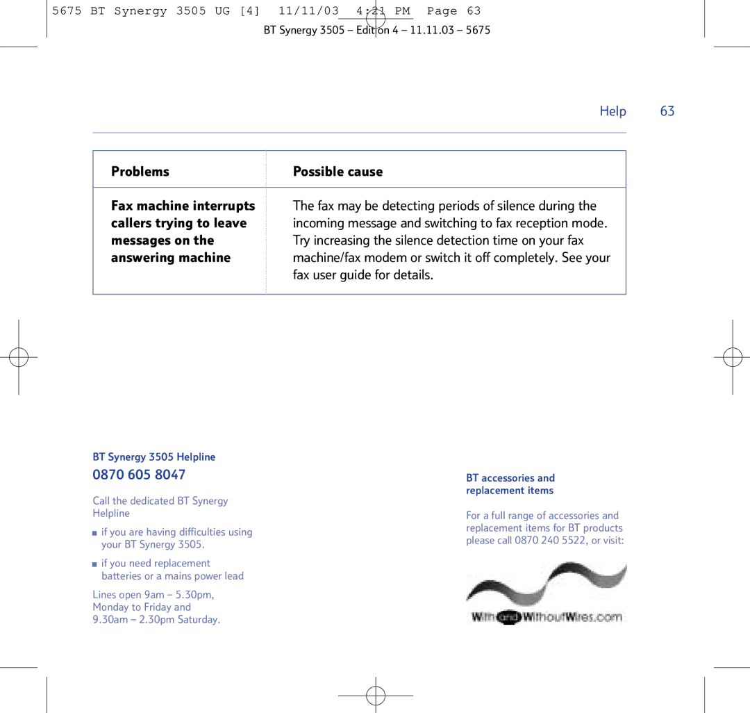BT 3505 manual Problems, 0870 605 
