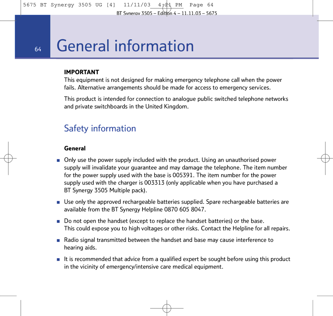 BT 3505 manual General information, Safety information 