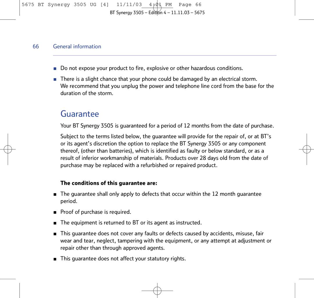 BT 3505 manual Guarantee, General information 