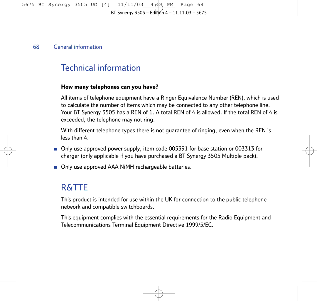 BT 3505 manual Technical information, Only use approved AAA NiMH rechargeable batteries 