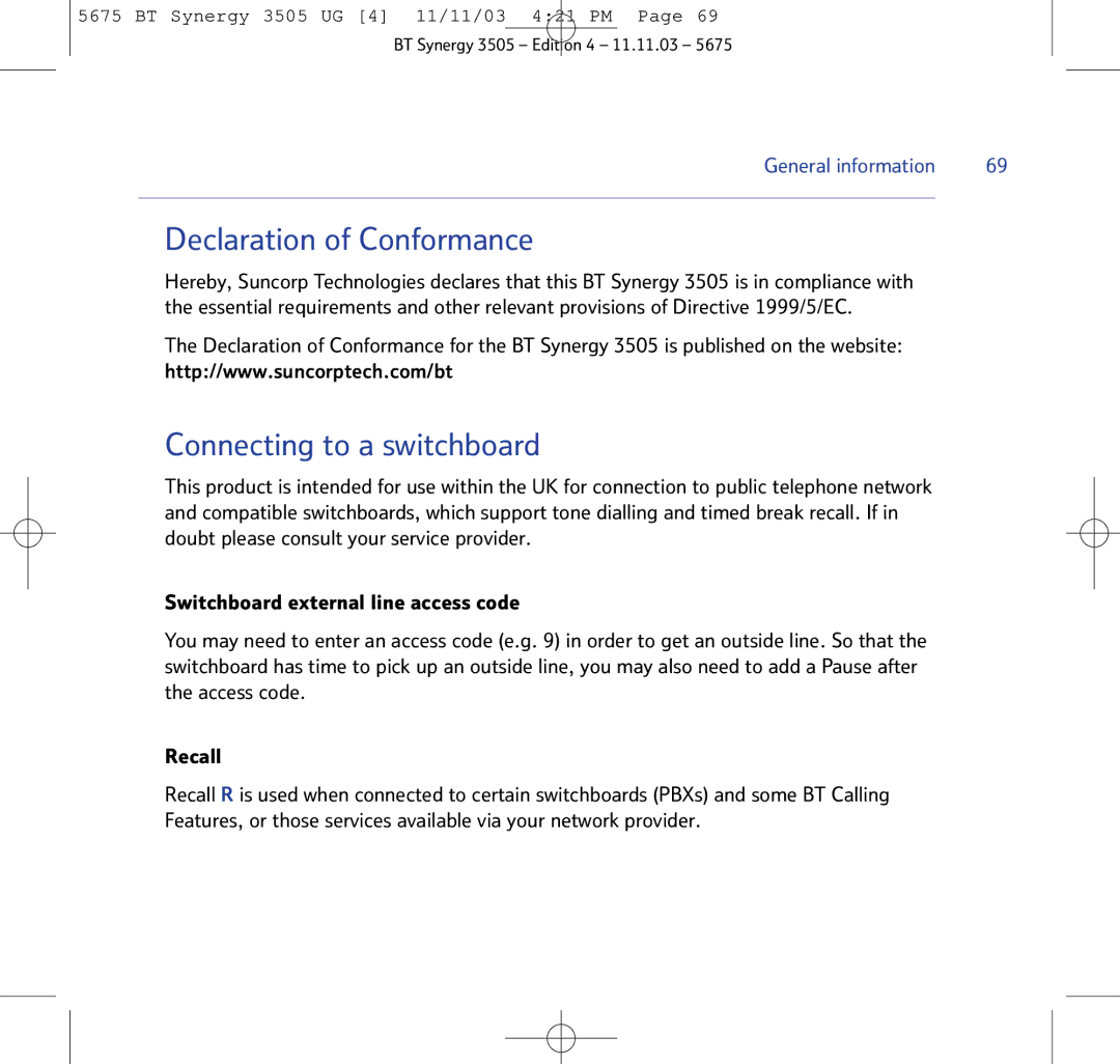 BT 3505 manual Declaration of Conformance, Connecting to a switchboard 