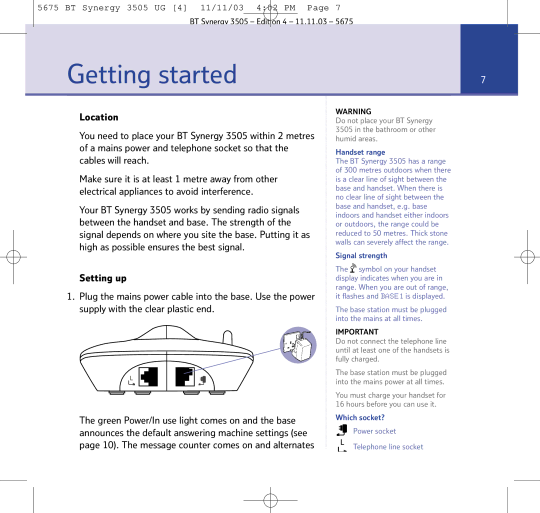 BT 3505 manual Getting started, Handset range 