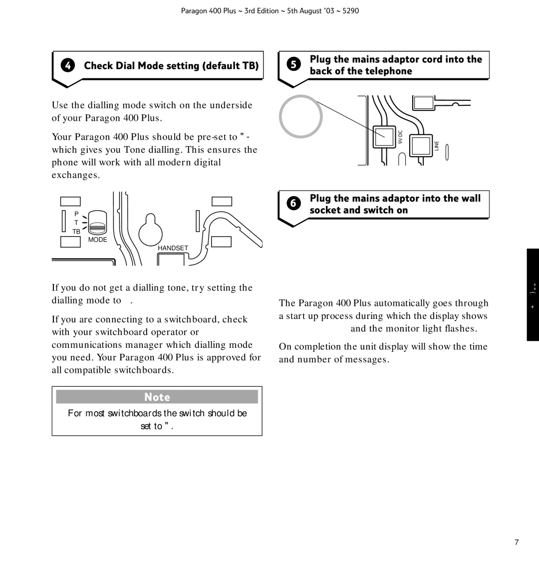 BT 400 Plus manual Back of the telephone, Plug the mains adaptor into the wall socket and switch on 