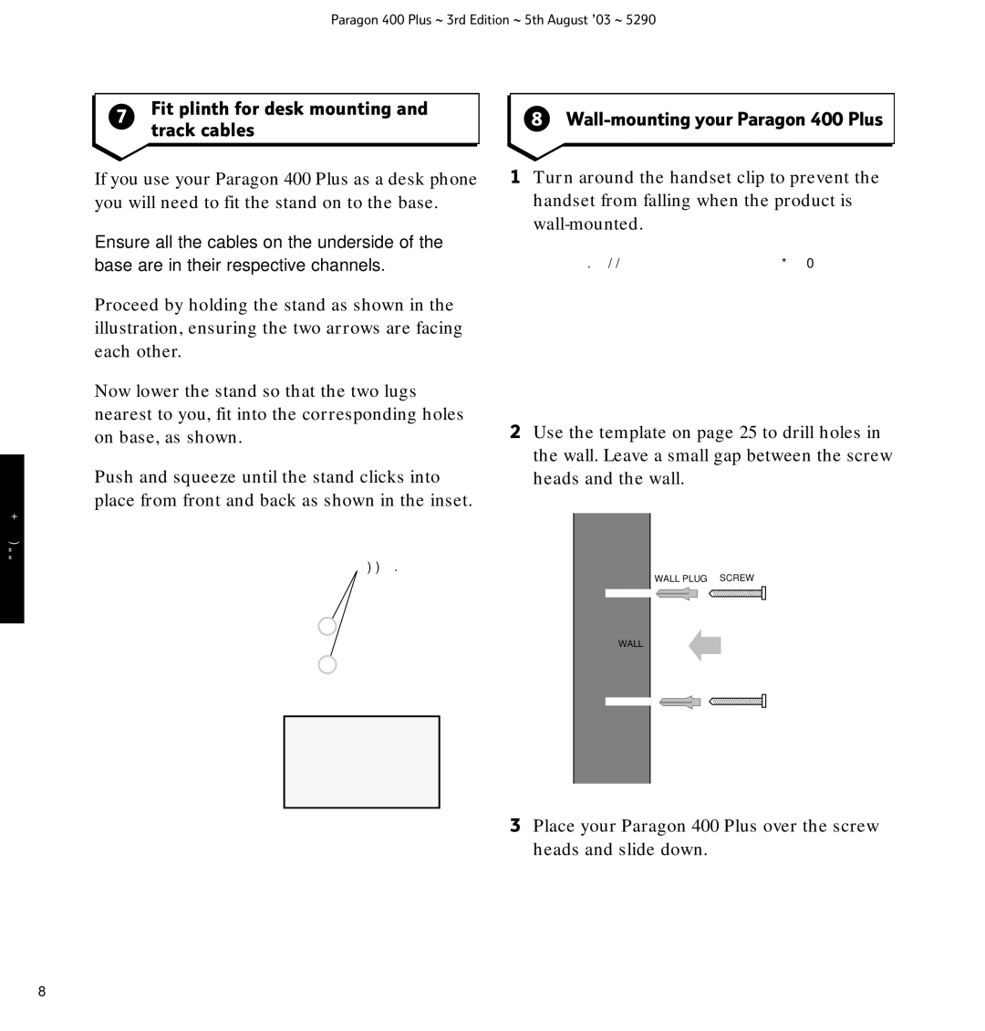 BT manual Fit plinth for desk mounting and track cables, Wall-mounting your Paragon 400 Plus 
